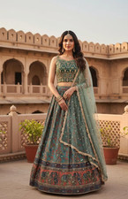 Designer Bollywood Green Silk Lehenga Choli: Embroidery Indian Party ghaghra picture
