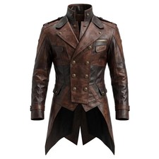 Men's Genuine Leather Steampunk Trench Coat | Vintage Victorian Gothic Jacket picture