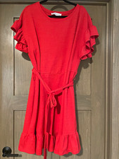 Emma & Michele Red Solid Round Neck Ruffle Sleeve Tie Waist Dress, 2X picture