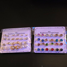 Stud Earrings Lot 2 Cards Multicolor Simulated Crystal Rhinestone & Pearl picture