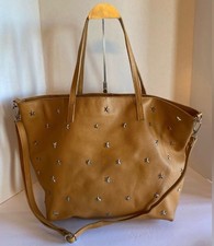 VERA PELLE Made in Italy Genuine Pebbled Leather Star Studded Tote Large Camel picture