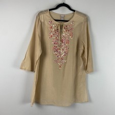 Chicos Embellished Neck Novelty Tunic Size 2 US Large Cotton Silk 3/4 Sleeves picture
