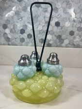 Antique 1890s EAPG Bulging Petal Quilt Condiment Caster Set Blue Citron Glass picture