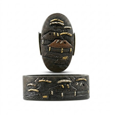 Fuchi-Kashira Set with Winter Village Landscape Motif (Yukigeshiki) B125092 picture