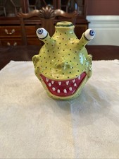 Stacy Lambert Southern Primitive Folk Art Pottery Bug Eyed Lime, Green Face Jug picture