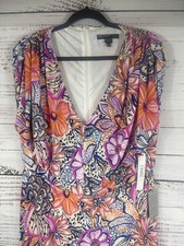 Maggy London Dress Womens 18 Multicolor Floral Ruched V Neck Midi Fit Flare picture