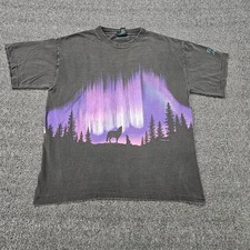 Vintage Habitat Shirt Mens Large Black Wolf Northern Lights Graphic Tee T-Shirt picture