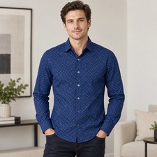 Express Button Up Shirt Men Size S Blue Polka Dot Fitted Long Sleeve GF-1 picture