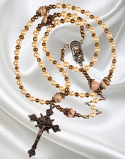 Handmade Catholic Rosary, Cream White Crystal Pearls, Copper Tone Crucifix picture