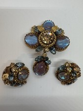 Vtg REGENCY Signed Saphiret Glass Demi Parure Dangle Pendant Brooch Earrings Set picture