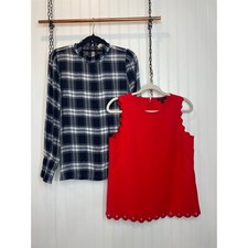 J. Crew & LOFT Red Scalloped Blouse & Plaid High Neck Shirt Top Bundle Size M picture
