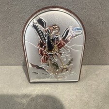 Laminato St. Michael Archangel Silver Tone Icon Plaque on Wood Stand picture
