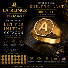 Men's 10K Yellow Gold Letter Initial Octagon Signet Ring Personalized A–Z picture