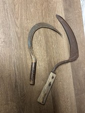 Two Antique Vintage Rustic Farm Hand Scythe Sickles  Hand Tools picture