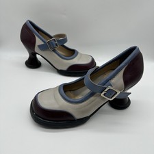 John Fluevog Sz 9 'Gorgeous' Blue White Brown Mary Jane Shoes Pumps Heels picture