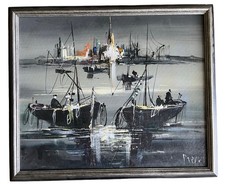 Vintage MCM Abstract Expressionist Oil Painting Red Harbor Boats Ships Horizon picture