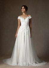 Azazie Cindy White Off Shoulder V-Neck Lace Tulle Wedding Dress NWT Size 12 picture