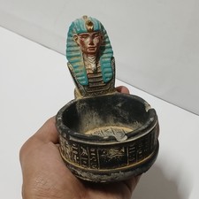 Vintage Egyptian-themed ashtray featuring a pharaoh head intricate hieroglyphic picture