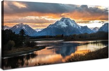 Grand Teton Sunset Canvas Wall Art Mountain Landscape Print Home Decor 20x40 picture