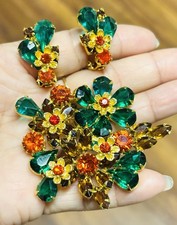 Vtg RARE JULIANA? Green Yellow Glass Rhinestone Flower Earrings Brooch Pin Set picture