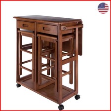 Stylish Teak Kitchen Cart with Drop Leaf Table & Two Stools - Perfect for Dorms picture