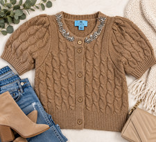CeCe Womens L Brown Cable Knit Cardigan Jeweled Collar Puff Sleeve Sweater picture