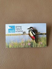 RSPB Great Spotted Woodpecker Enamel Pin Badge On Minsmere Picture Card, Bird picture