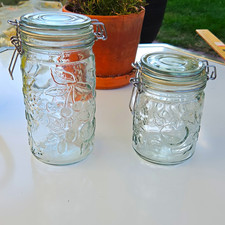 2 Vintage Fruit Embossed Green Glass Canister With Hermetic Wire Bale Lid picture