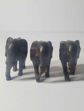 Vintage Hand Carved Wooden Elephant Statues Trio Dark Brown Faux Tusks Decor Set picture