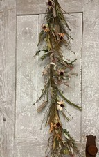 Primitive Farmhouse Rustic TEA STAIN DAISY GARLAND Swag Prairie Grass Flowers picture
