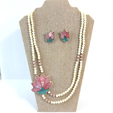 Vintage Signed SANDEE Necklace & Earrings Set Mother of Pearl Inlay Pink Quartz picture