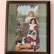 Victorian Die-Cut Lithograph Girls Dog Calendar Top Framed Art Moody Whimsygoth picture