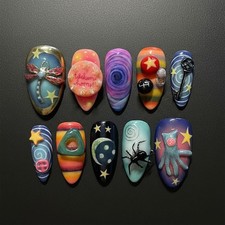 Custom Handmade Coraline Dragonfly Spider Hand Key Swirl Moon Press On Nails picture