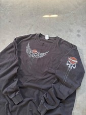 57 Vintage 2000’s Triple Skull Hit Harley Davidson Long Sleeve Tshirt picture
