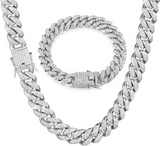 Cuban Link Chain Necklace Bracelet for Men Silver Miami Bling Diamond Hip Hop picture