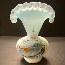 Fenton Blue Satin Glass Vase Hand Painted Scenic Mill Waterfalls Unmarked VTG picture