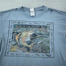 TRASHED Vtg Ray Troll Blues in the Key of Sea T-Shirt Mens Large Blue Fish Art picture