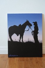 Silhouette Cowboy and Horse Painting - Original Acrylic Art Canvas 16x20” 1998 picture