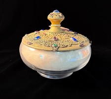 FABULOUS CONDITION E & JB EMPIRE GOLD JEWELED VANITY POWDER JAR 1920S WITH PUFF picture