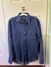 Vintage Wrangler Denim Pearl Snap Shirt Men XS Western Blue X-Long Tails picture