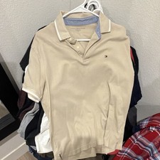Tommy Hilfiger Men's Beige Solid Short Sleeve Logo Polo Shirt Size L picture