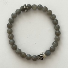 King Baby Faceted Labradorite Beaded Bracelet with Sterling Silver Skull & Logo picture