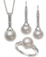 Macy's Pearl & White Topaz Jewelry Set 925 Sterling Silver QSET-11075-ME Size 7 picture