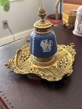 c.1883 Wedgwood dark blue jasperware & brass inkwell picture