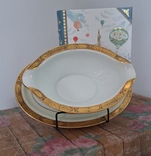 VTG Noritake Goldkin 5675 Porcelain Gravy Boat Attached Underplate White Gold  picture