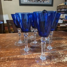 Vintage Morgantown Cobalt Blue Clear Bubble Stem Wine Water Goblets Set of 6 picture