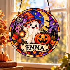 Personalized Halloween Suncatcher, Custom Name Glass Window Hanging, Pumpkin picture