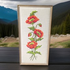 Vtg MCM 1974 POPPIES in BLOOM Completed Crewel Embroidery Needlecraft Framed picture