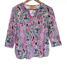 Ruby Rd. Petite Shirt Women’s PL Paisley Rhinestone Boho 3/4 Sleeve V Neck Top picture