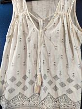 Lucky Brand Womens Sleeveless V-Neck Tassel Tie Geometric Tank Top L White/Black picture